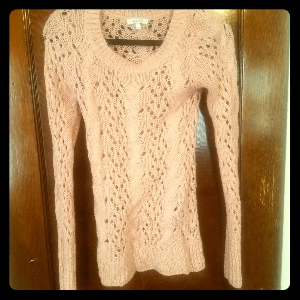 Millennial pink, cable and open knit sweater